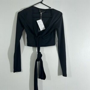 Reebok Cardi B Crop Top Women Small Black NWT Long Sleeve Tie Waist H48419